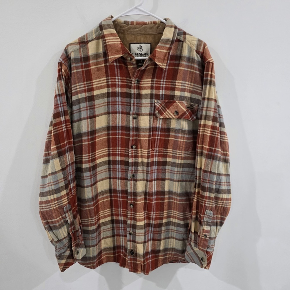 Legendary Whitetails Mens Button Up Size Large Flannel Plaid Orange Cozy Camping